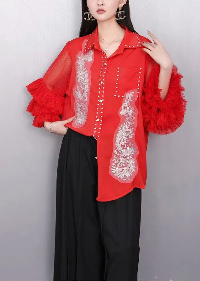 Red Embroidered Chiffon Top Flare Sleeve