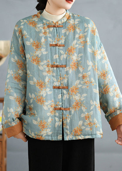 Light Blue Print Fine Cotton Filled Coats Stand Collar Spring