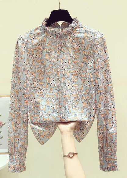 Stand Collarc Ruffled Print Chiffon Shirts Spring