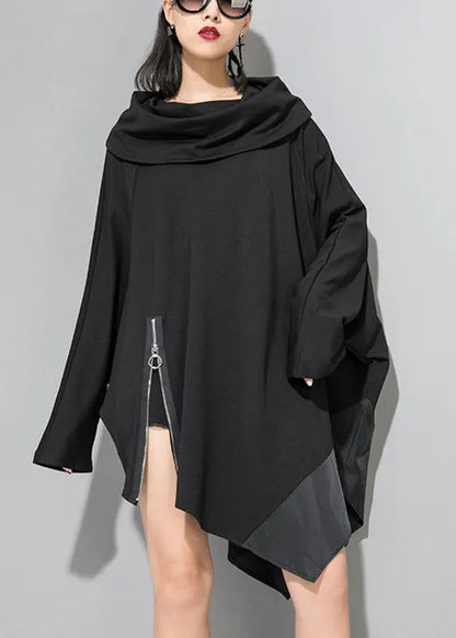 Art Black Turtle Neck Patchwork Asymmetrical Design Fall Sweatshirt