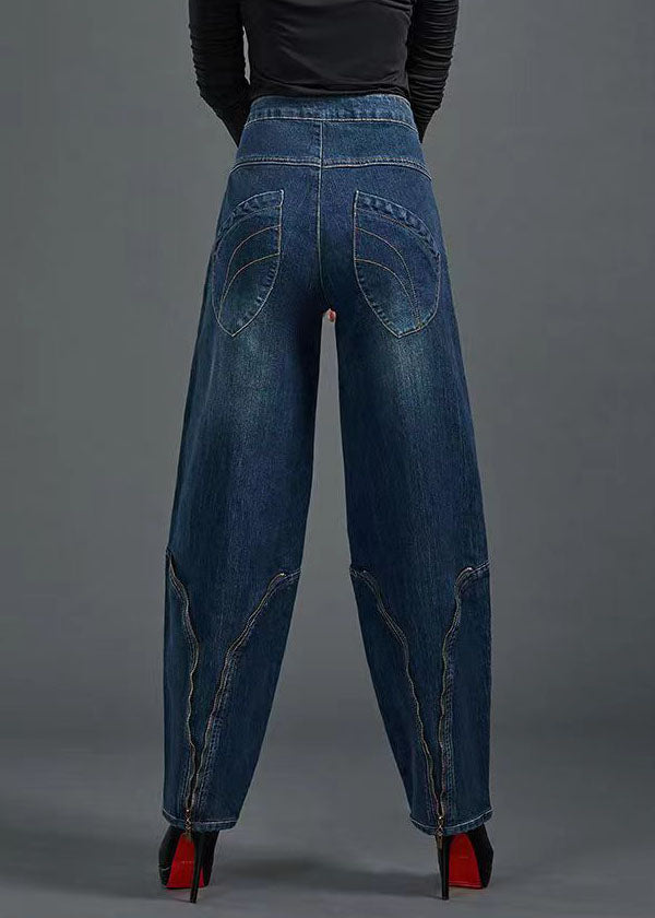 Blue High Waist Flatering Zip Up Pockets Cotton Denim Pants Summer