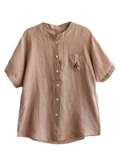 Khaki Loose Linen Shirt Top Embroideried Button Short Sleeve