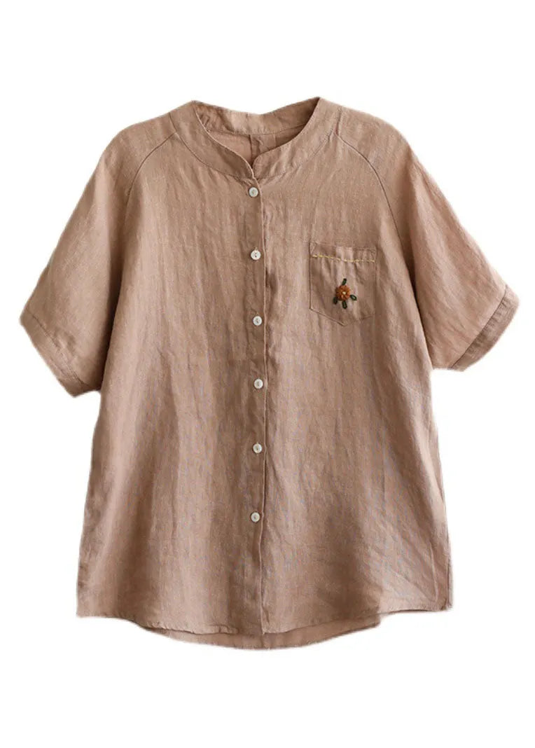 Khaki Loose Linen Shirt Top Embroideried Button Short Sleeve