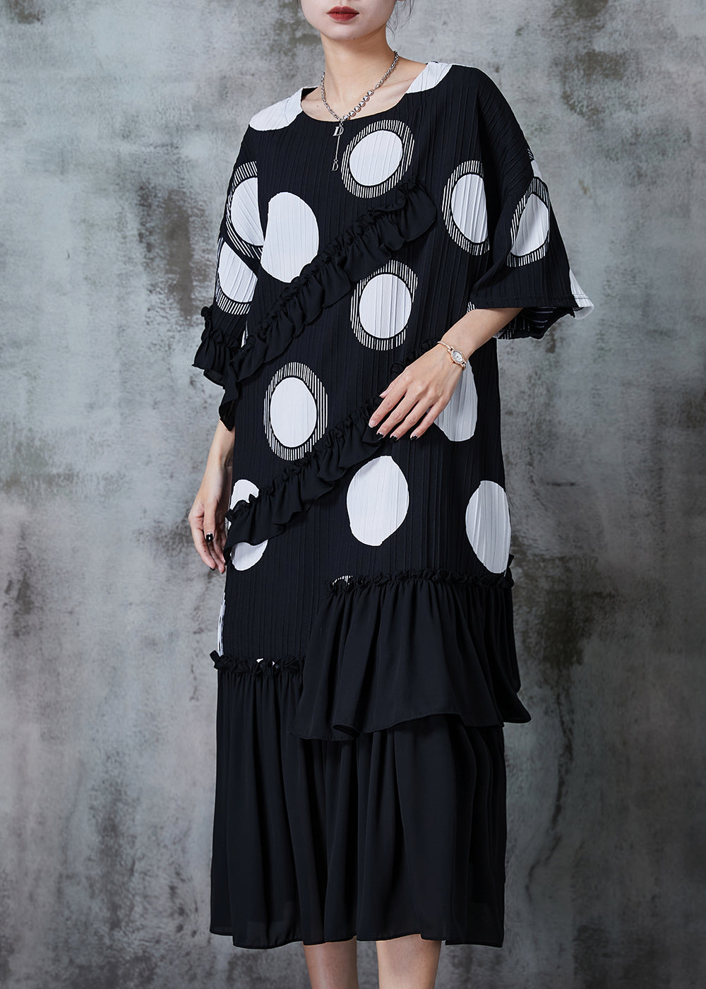 Black Ruffled Patchwork Chiffon Maxi Dress Summer
