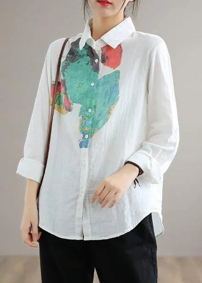 Modern Green Print Blouse Lapel Cinched Tunic Spring Shirts