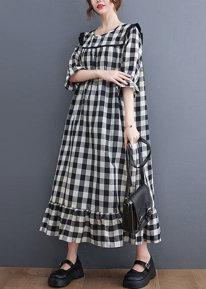 Grey Plaid Ruffled Patchwork Ruffles Cotton Dresses Summer