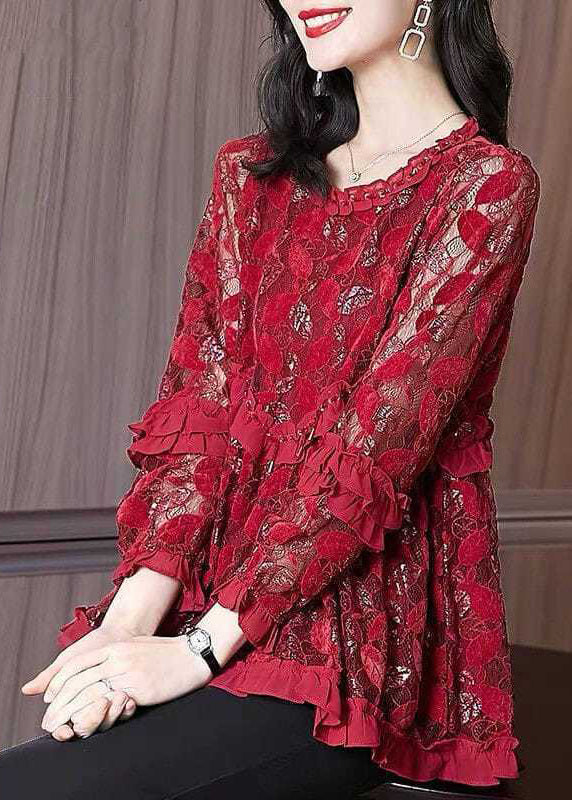 Mulberry Ruffled Patchwork Lace Blouse Tops Spring