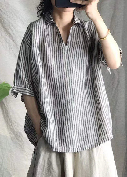 Grey V Neck Striped Linen Top Short Sleeve