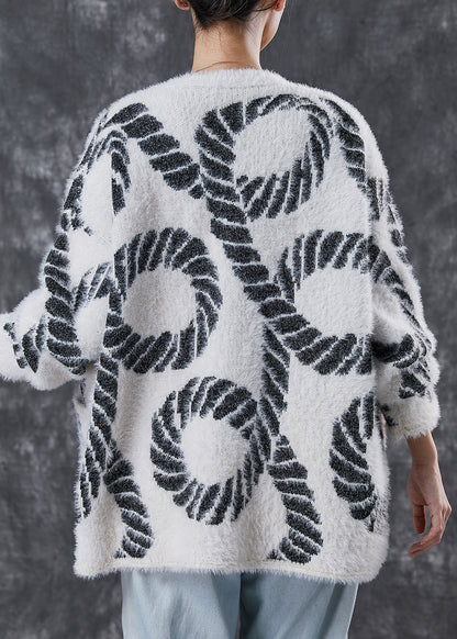 Black V Neck Print Knit Loose Coat Spring