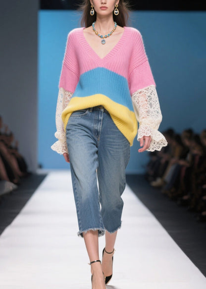 Stylish Rose Oversized Patchwork Lace Knit Pullover Fall