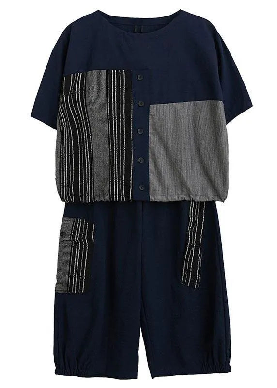 Unique Black Asymmetrical Design Linen Button Summer Two Pieces Set