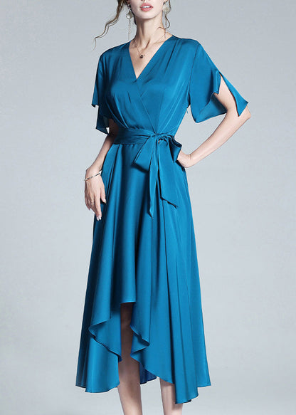 Blue V Neck Tie Waist Silk Long Dresses Summer