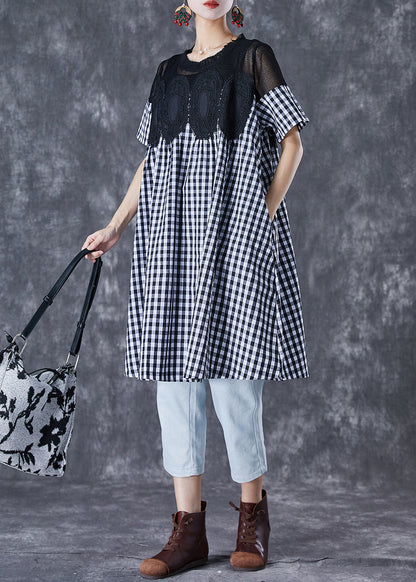 Black Plaid Patchwork Hollow Out Linen Dress Summer