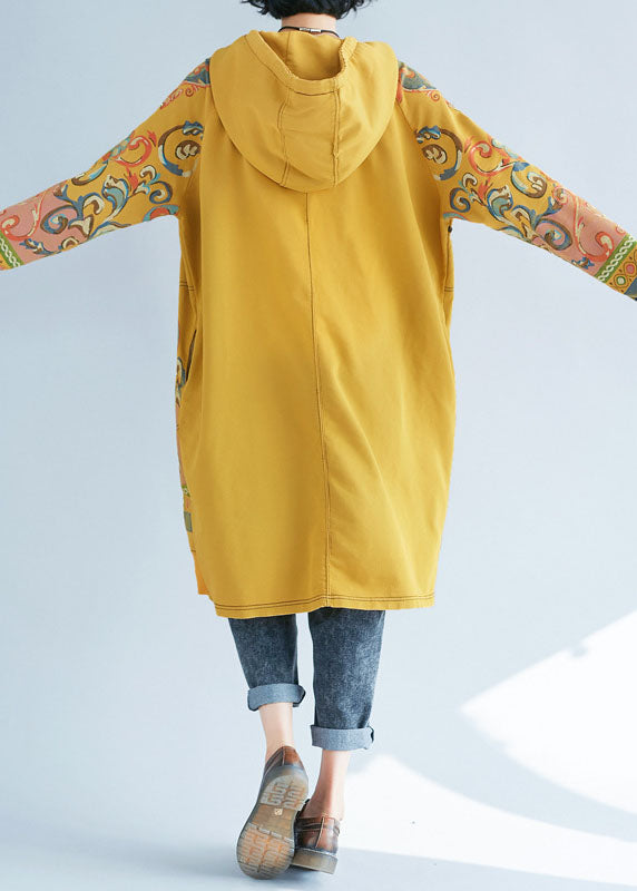 Modern Yellow Drawstring Hooded Pullover Dresses Spring