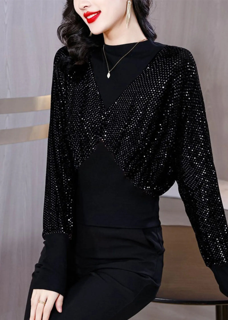 Slim Fit Black O-neck Sequins Patchwork Fake Two Pieces Top Fall