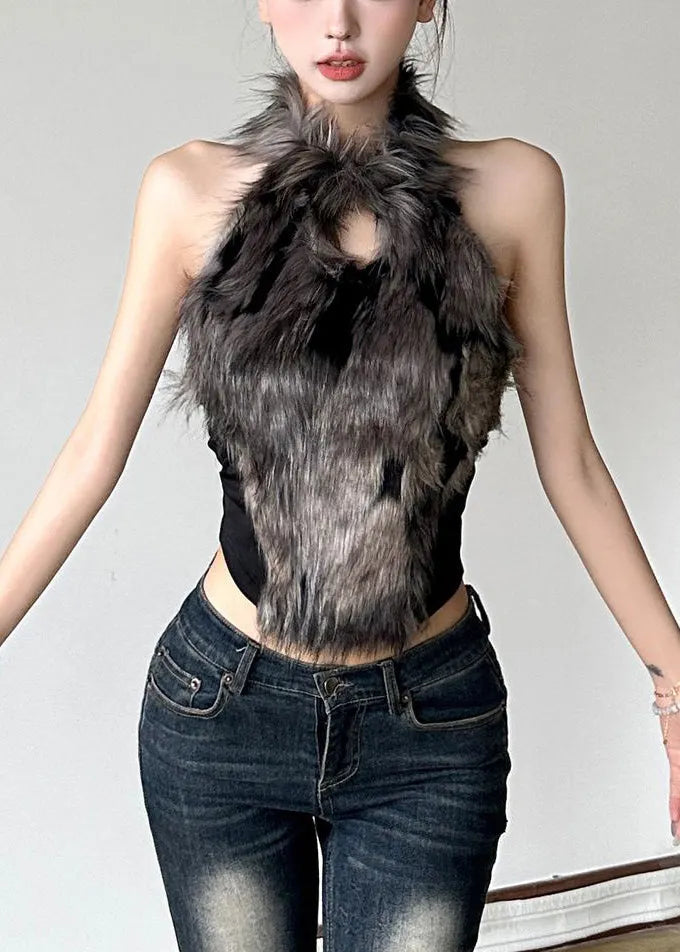 Black Hollow Out Fluffy Patchwork Tanks Sleeveless