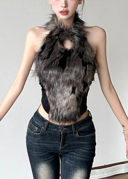 Black Hollow Out Fluffy Patchwork Tanks Sleeveless