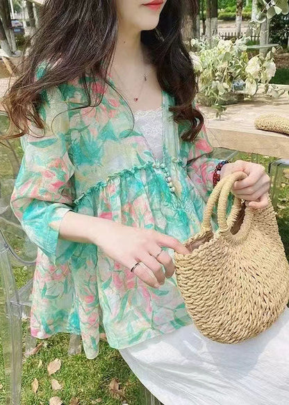 Green V Neck Print Linen Shirt Bracelet Sleeve