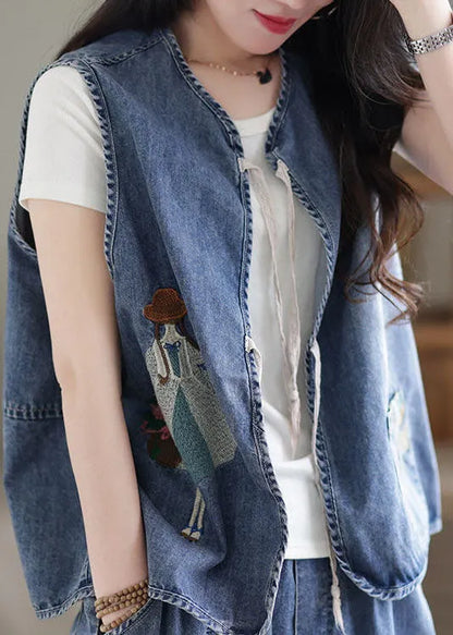 Organic Blue Embroideried O-neck Pocket Lace Up Cotton Vest Tops Sleeveless