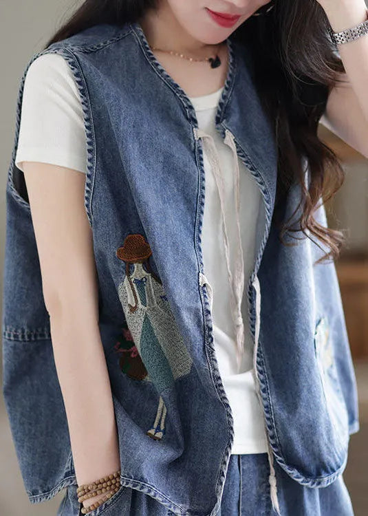 Organic Blue Embroideried O-neck Pocket Lace Up Cotton Vest Tops Sleeveless