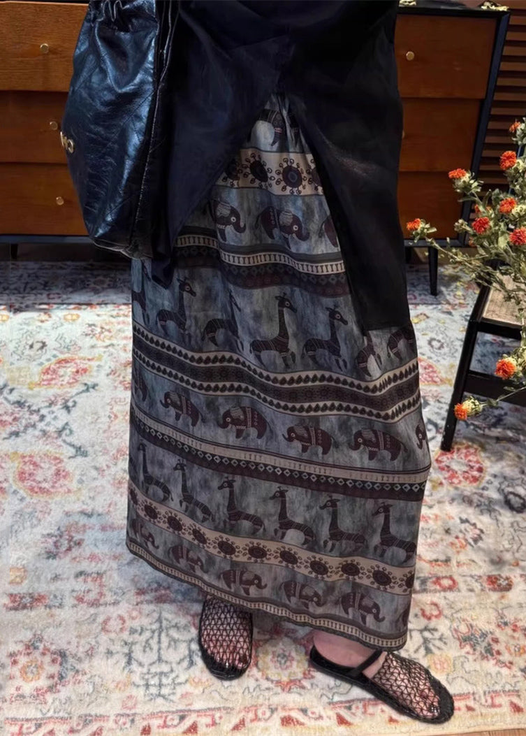 Print Side Open Elastic Waist Cotton Skirt Summer