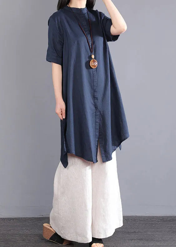 Diy Navy Stand Collar Asymmetrical Design Button Cotton Long Shirt Short Sleeve