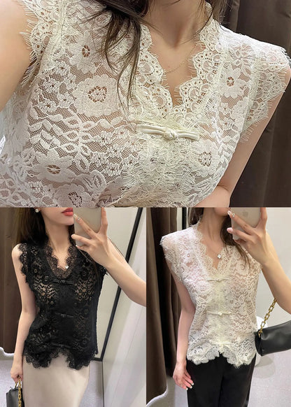 Beige V Neck Button Lace Vest Summer