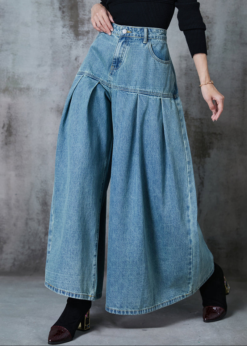 Blue High Waist Patchwork Denim Wide Leg Pant Skirts Summer