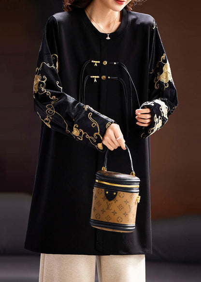 New Black O-neck Embroideried Silk Velour Patchwork Top Long Sleeve