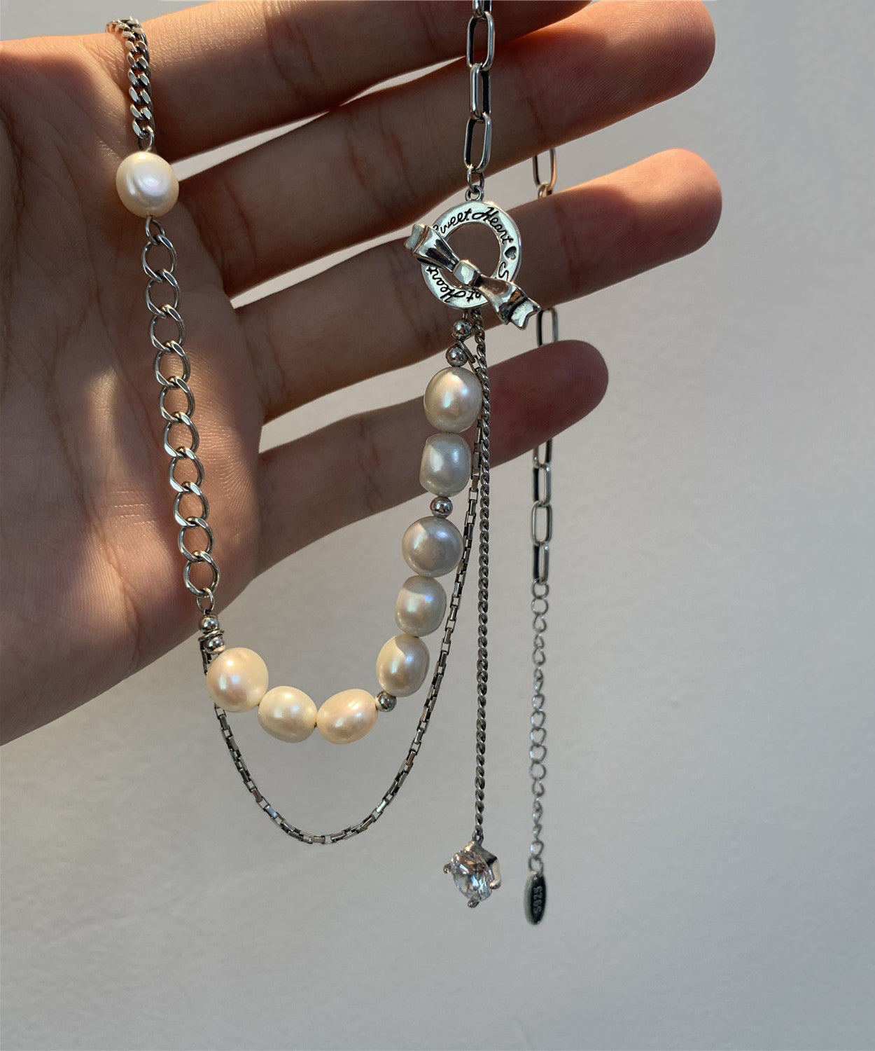 White Stainless Steel Pearl Bow Tassel Sweater Lariat Necklace