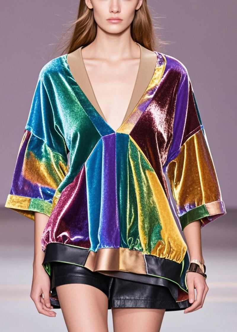 Multicolour V Neck Patchwork Silk Velour Blouse Tops Fall
