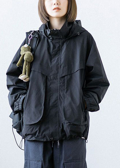 Black Patchwork Button Pockets Zippered Drawstring Hooded Coats Long Sleeve