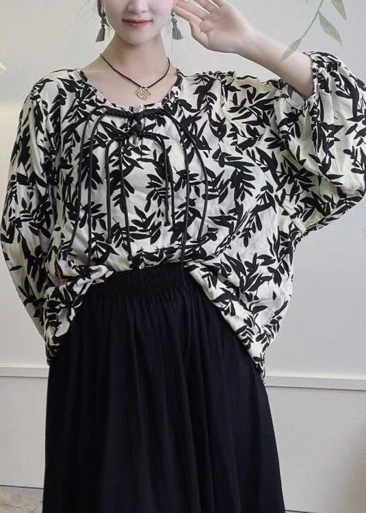 Black O-neck Tasseled Print Cotton T Shirts Spring