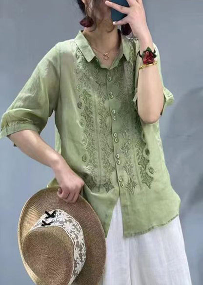 Green Peter Pan Collar Embroideried Button Shirt Half Sleeve