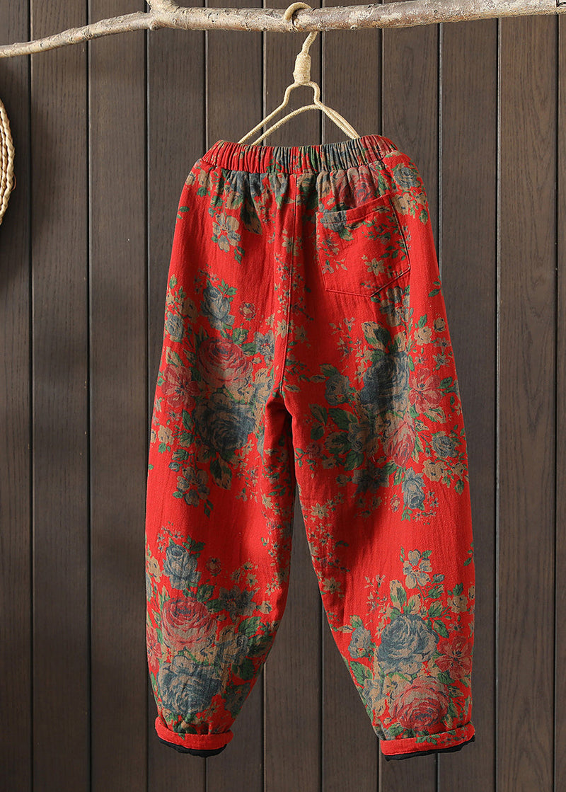 Red Oversized Print Fine Cotton Filled Pants Winter