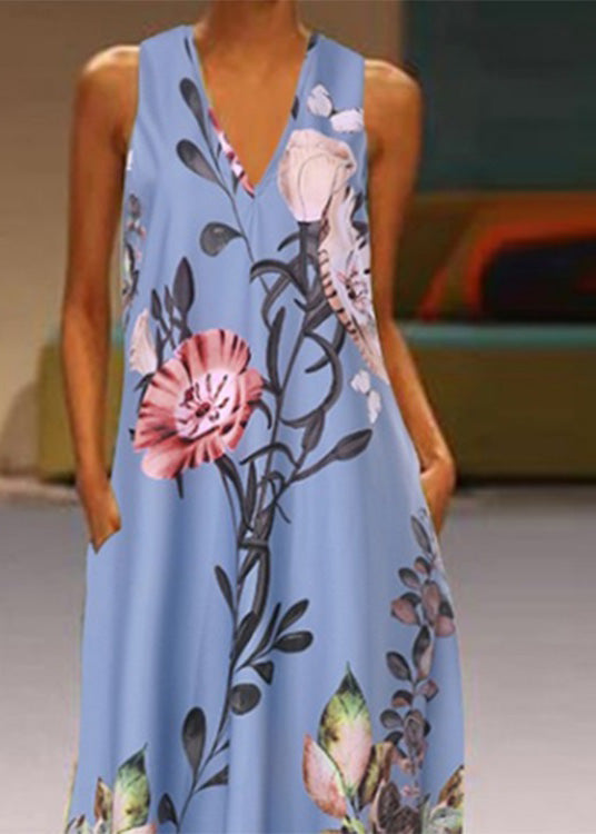White V Neck Print Long Dresses Summer