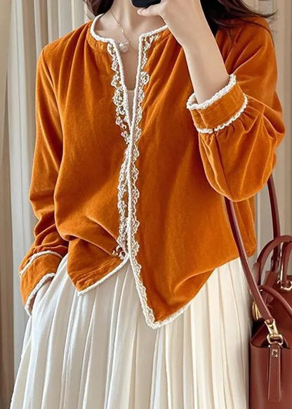 French Orange O-neck Silk Velour Shirts Lace Patchwork Fall