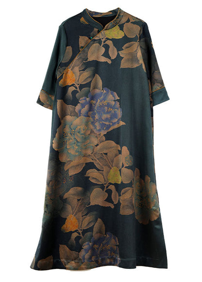 Stand Collar Print Button Silk Long Dress Fall
