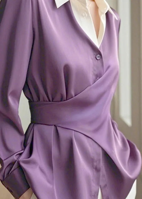 Purple Peter Pan Collar Asymmetrical Design Silk Shirts Spring