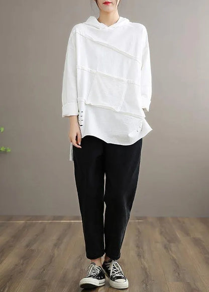 Handmade White Blouses for Hooded Patchwork Daily Spring Tops