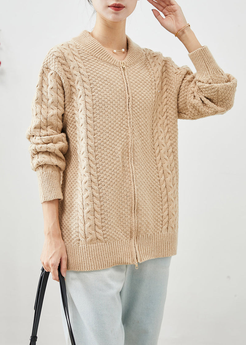 Diy Khaki Zip Up Thick Cable Knit Coats Fall
