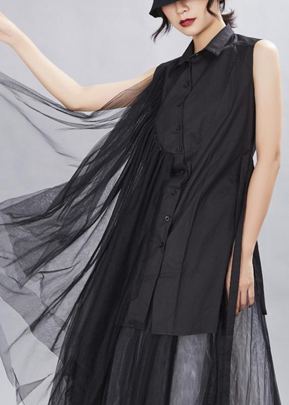 Black Peter Pan Collar Tie Waist Cotton Top