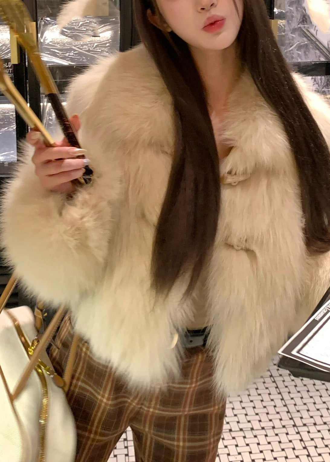 Apricot Patchwork Button Mink Hair Coat Winter