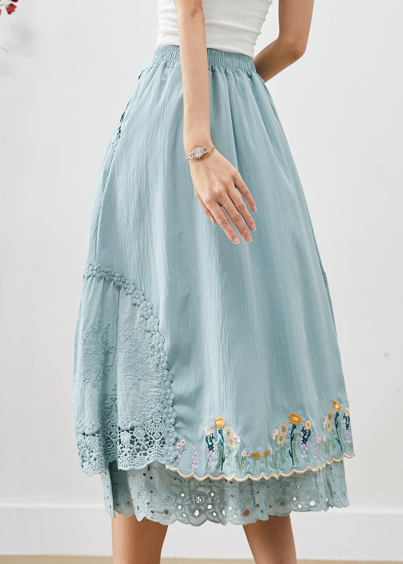 Natural Sky Blue Embroideried Patchwork Cotton Skirt Spring
