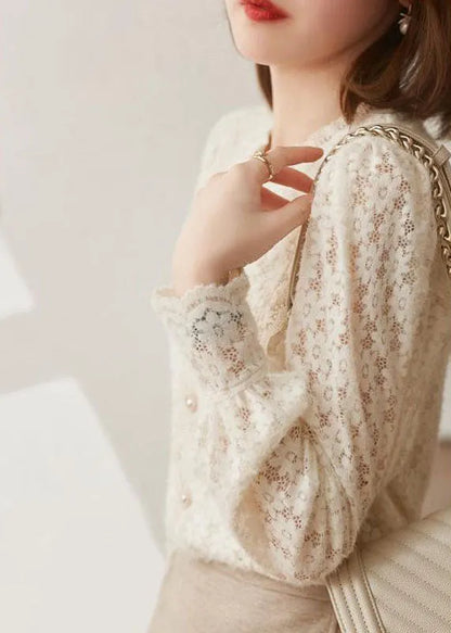 Beige Hollow Out Button Lace Patchwork Tops Lantern Sleeve