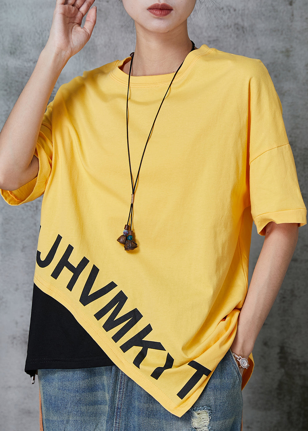 Yellow Asymmetrical Patchwork Cotton Tank Tops Summer