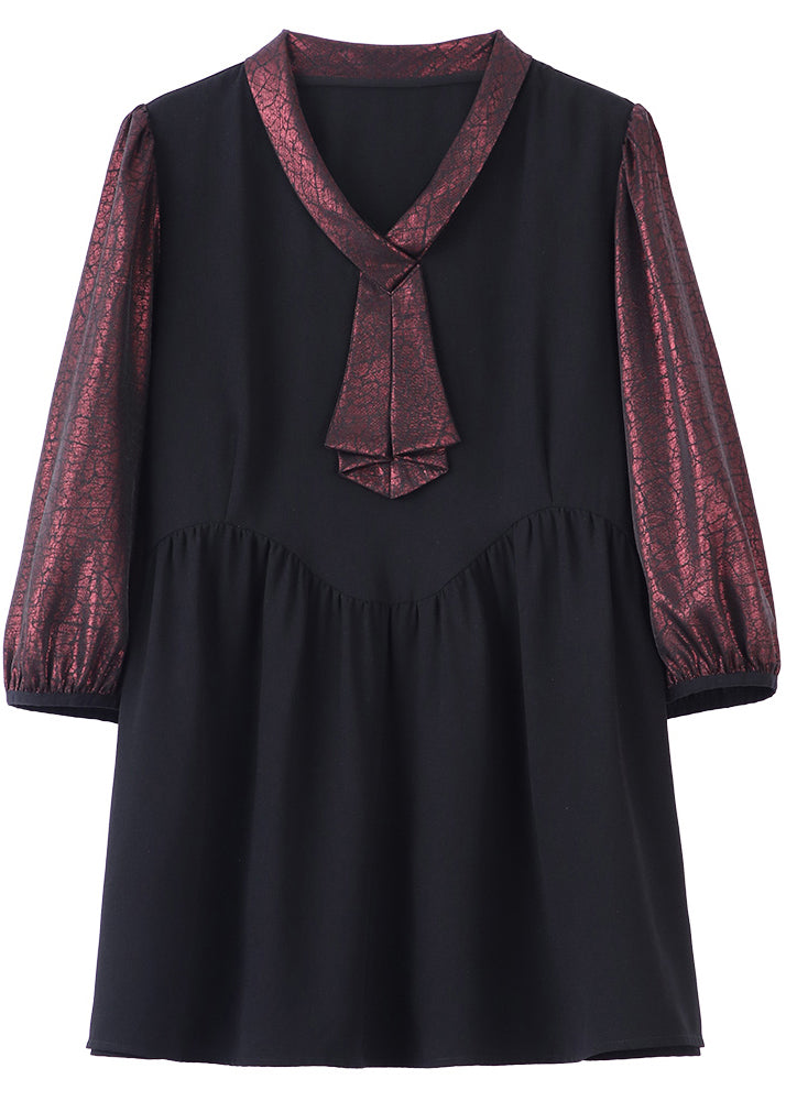 Dull Red Heart Neck Patchwork Fake Two Piece Shirt Bracelet Sleeve