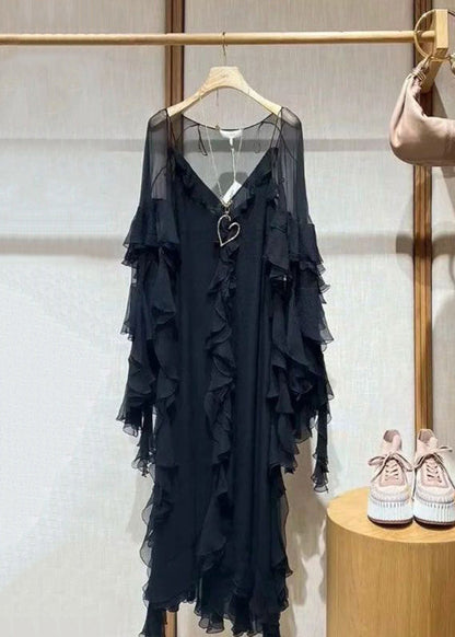 Italian Black V Neck Ruffled Two Piece Set Summer