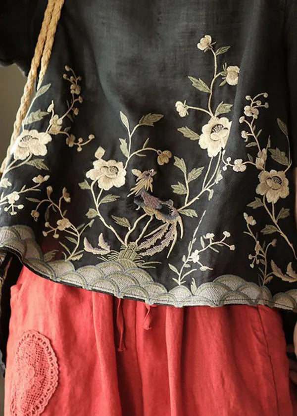 Organic Black Embroideried Low High Design Linen Tanks Short Sleeve