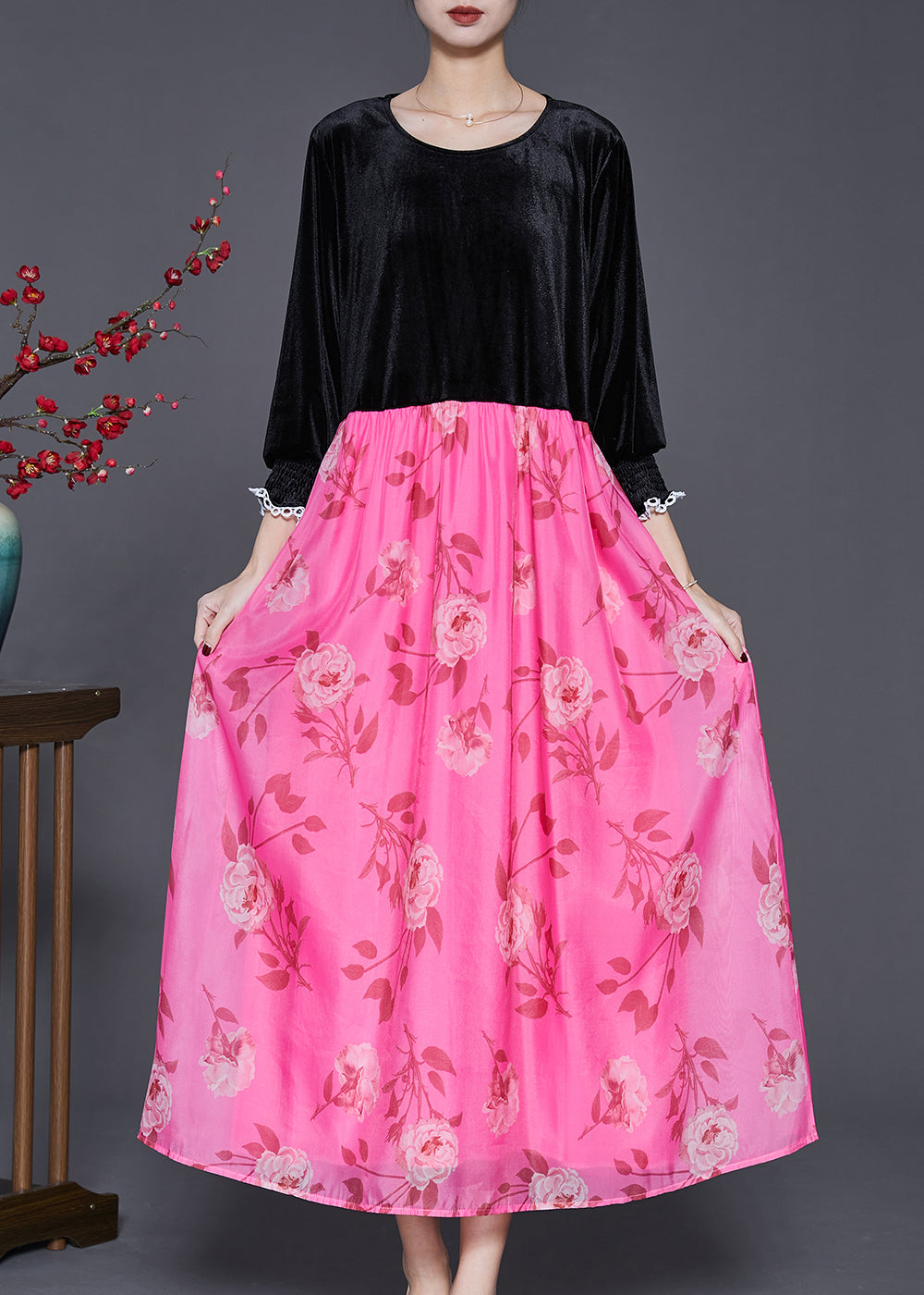 Black Oversized Patchwork Silk Velour Long Dresses Spring